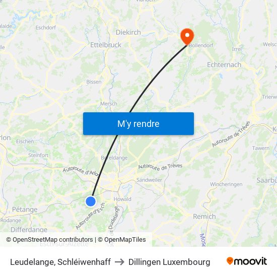 Leudelange, Schléiwenhaff to Dillingen Luxembourg map