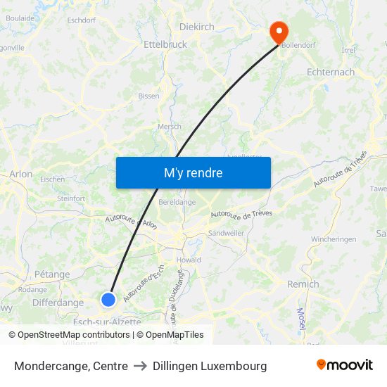 Mondercange, Centre to Dillingen Luxembourg map