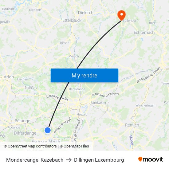 Mondercange, Kazebach to Dillingen Luxembourg map