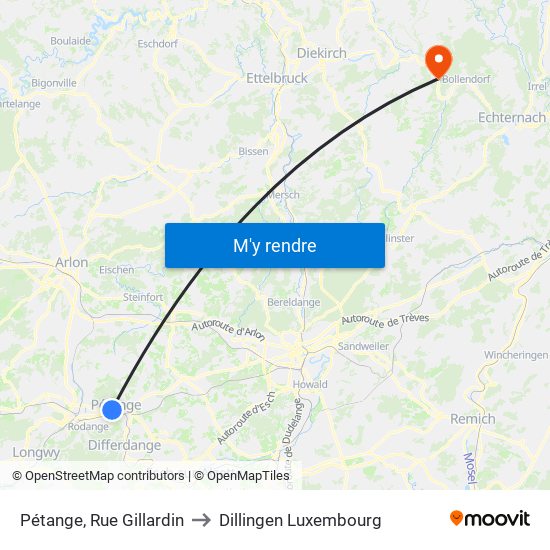 Pétange, Rue Gillardin to Dillingen Luxembourg map