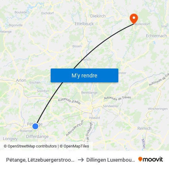 Pétange, Lëtzebuergerstrooss to Dillingen Luxembourg map