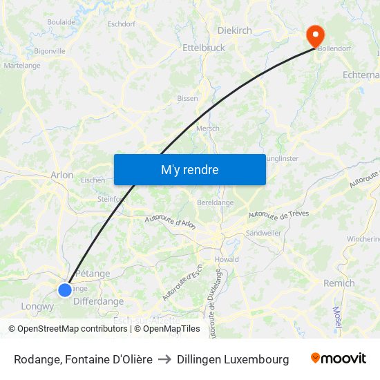 Rodange, Fontaine D'Olière to Dillingen Luxembourg map