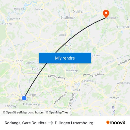 Rodange, Gare Routière to Dillingen Luxembourg map