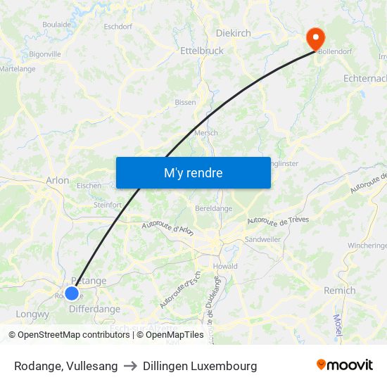 Rodange, Vullesang to Dillingen Luxembourg map