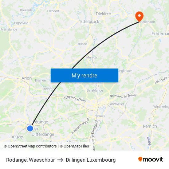 Rodange, Waeschbur to Dillingen Luxembourg map