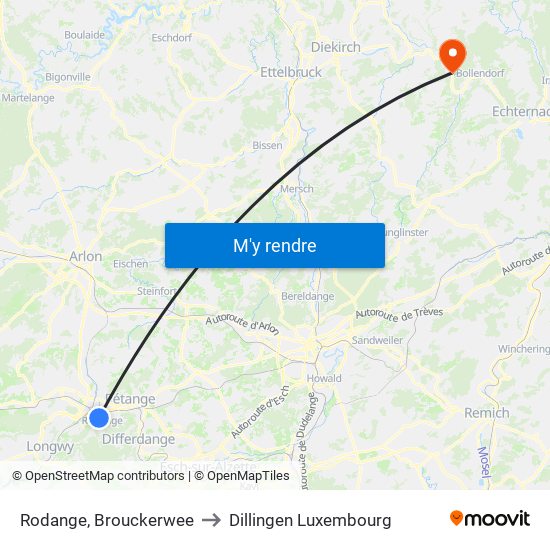 Rodange, Brouckerwee to Dillingen Luxembourg map