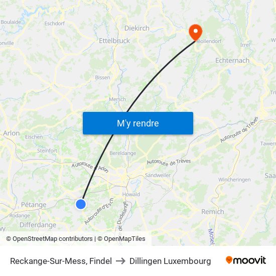 Reckange-Sur-Mess, Findel to Dillingen Luxembourg map