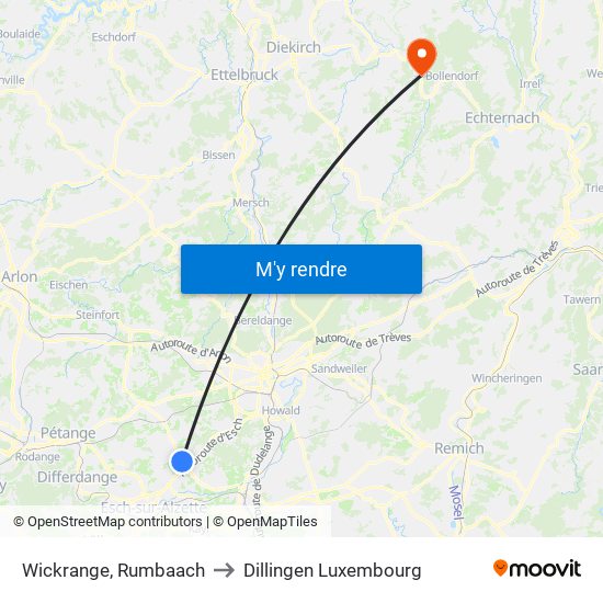 Wickrange, Rumbaach to Dillingen Luxembourg map
