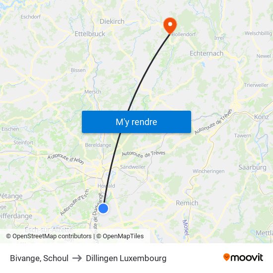 Bivange, Schoul to Dillingen Luxembourg map