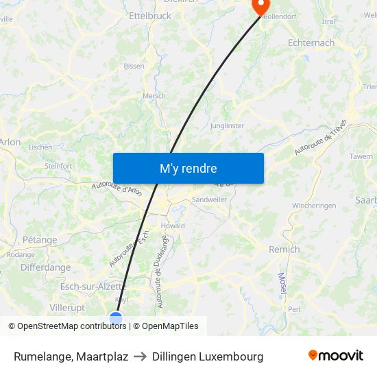 Rumelange, Maartplaz to Dillingen Luxembourg map
