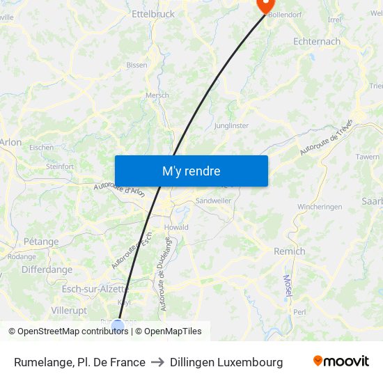 Rumelange, Pl. De France to Dillingen Luxembourg map
