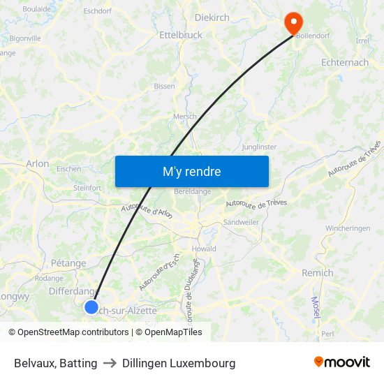 Belvaux, Batting to Dillingen Luxembourg map