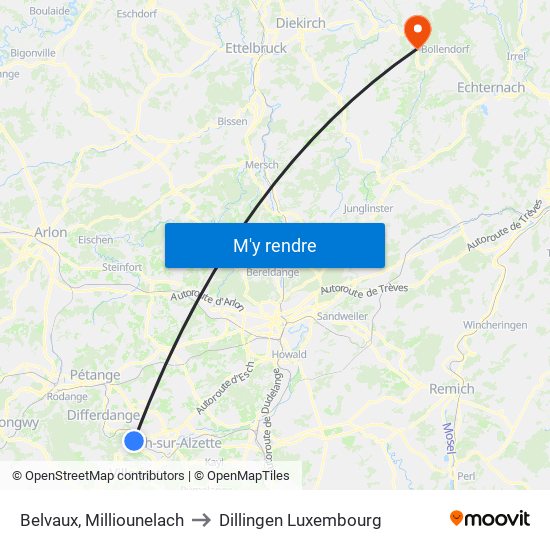 Belvaux, Milliounelach to Dillingen Luxembourg map