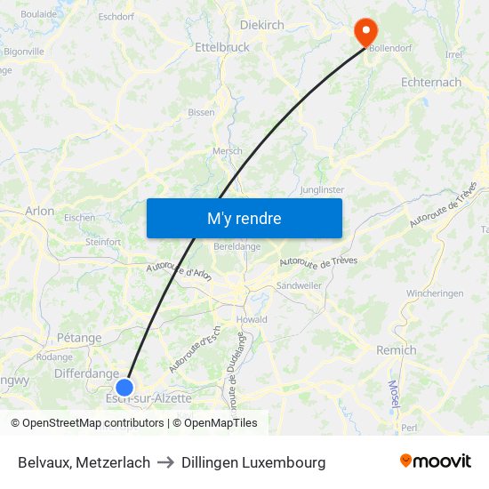 Belvaux, Metzerlach to Dillingen Luxembourg map