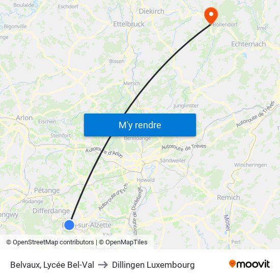 Belvaux, Lycée Bel-Val to Dillingen Luxembourg map