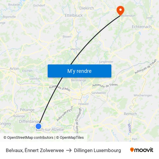 Belvaux, Ënnert Zolwerwee to Dillingen Luxembourg map