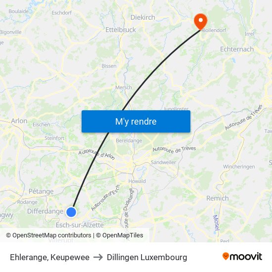 Ehlerange, Keupewee to Dillingen Luxembourg map