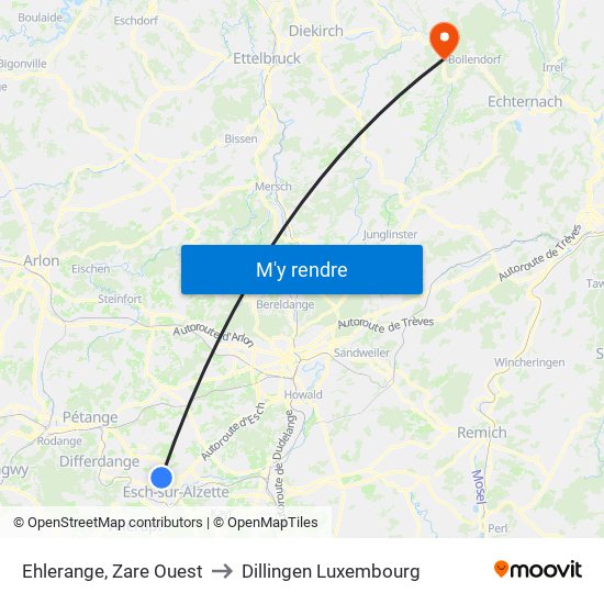 Ehlerange, Zare Ouest to Dillingen Luxembourg map