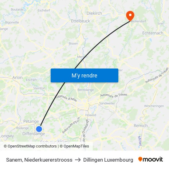 Sanem, Niederkuererstrooss to Dillingen Luxembourg map