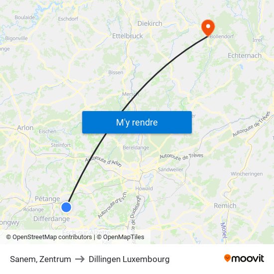 Sanem, Zentrum to Dillingen Luxembourg map