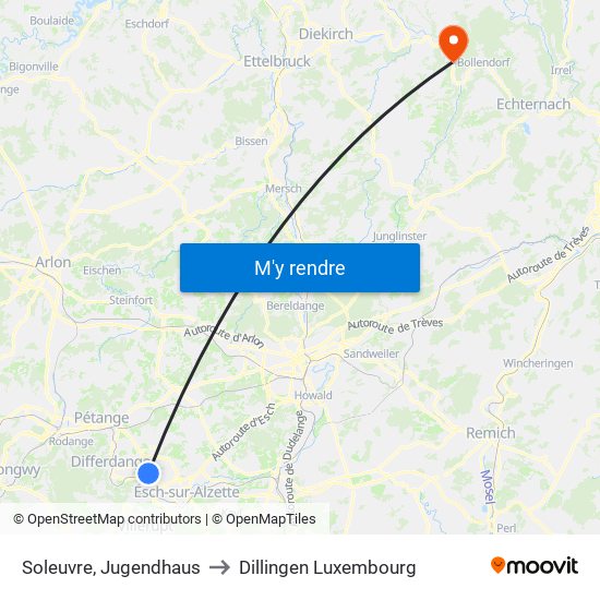 Soleuvre, Jugendhaus to Dillingen Luxembourg map