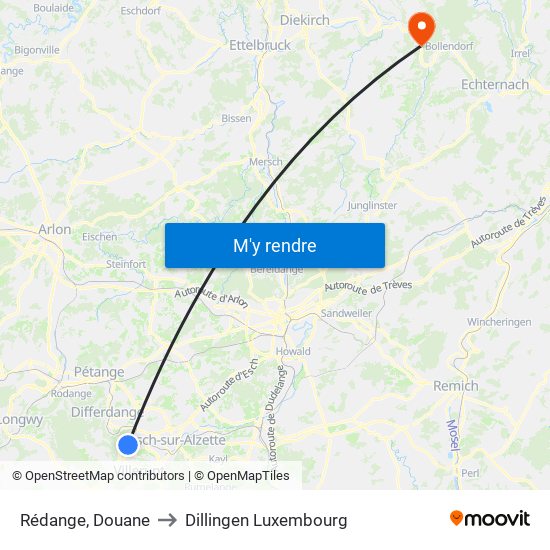 Rédange, Douane to Dillingen Luxembourg map