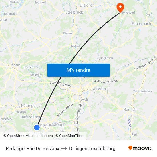 Rédange, Rue De Belvaux to Dillingen Luxembourg map