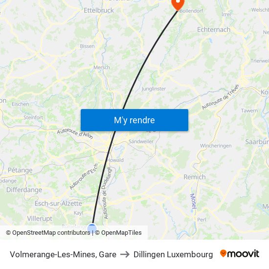 Volmerange-Les-Mines, Gare to Dillingen Luxembourg map