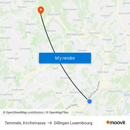 Temmels, Kirchstrasse to Dillingen Luxembourg map