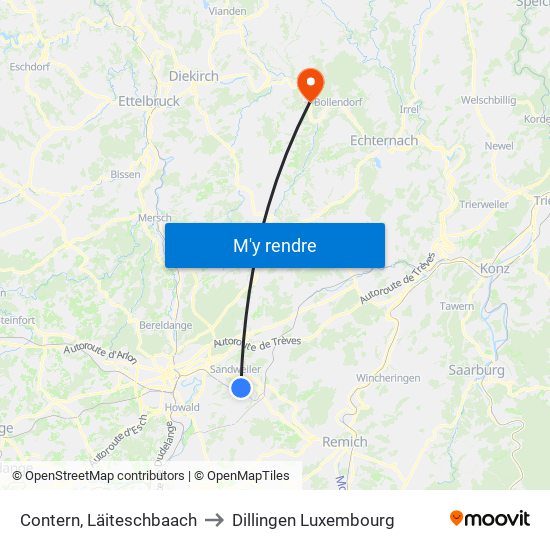 Contern, Läiteschbaach to Dillingen Luxembourg map