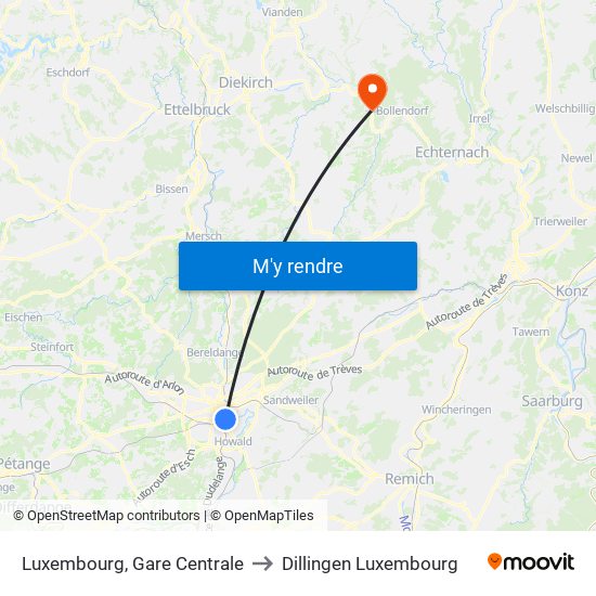 Luxembourg, Gare Centrale to Dillingen Luxembourg map