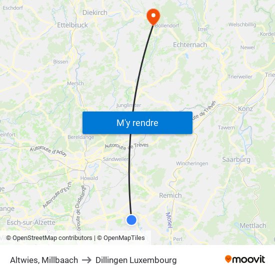 Altwies, Millbaach to Dillingen Luxembourg map