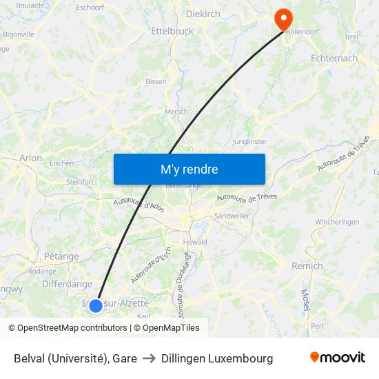 Belval (Université), Gare to Dillingen Luxembourg map