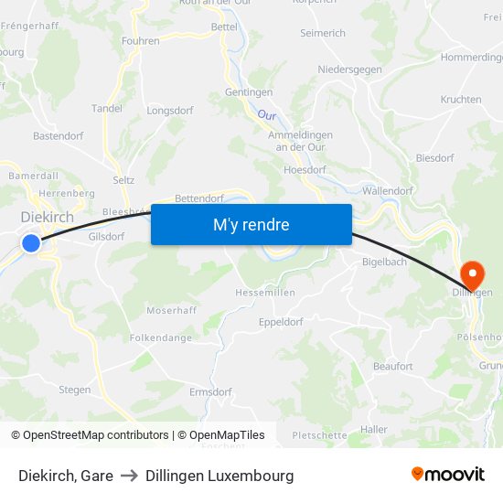 Diekirch, Gare to Dillingen Luxembourg map