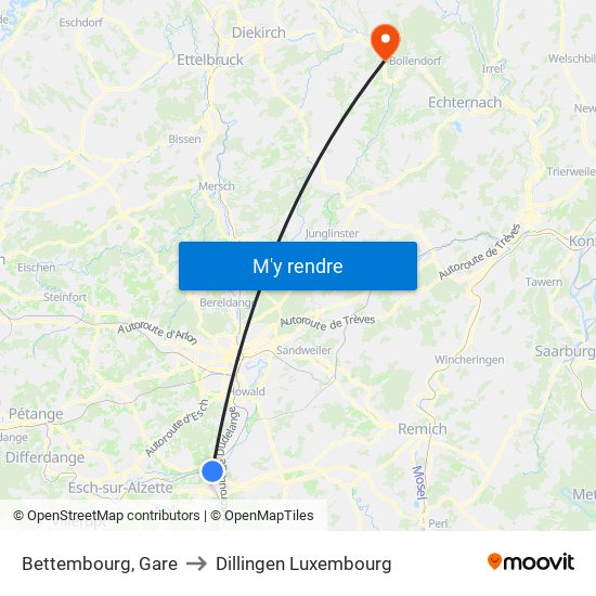 Bettembourg, Gare to Dillingen Luxembourg map