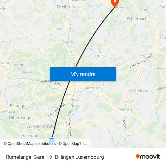 Rumelange, Gare to Dillingen Luxembourg map