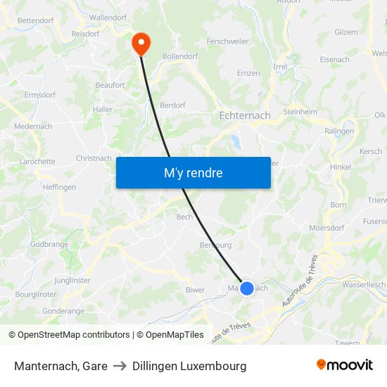 Manternach, Gare to Dillingen Luxembourg map