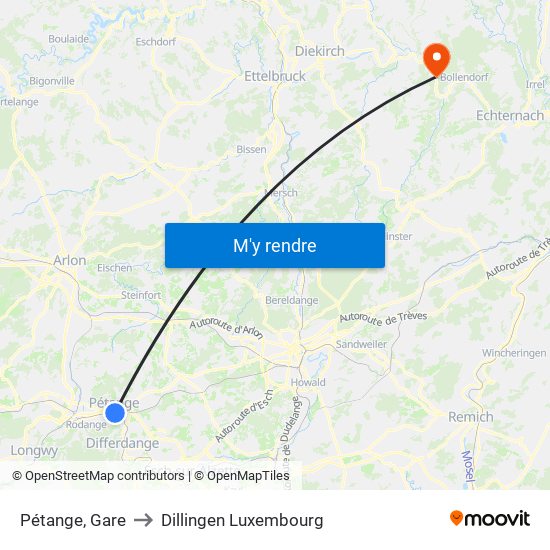 Pétange, Gare to Dillingen Luxembourg map