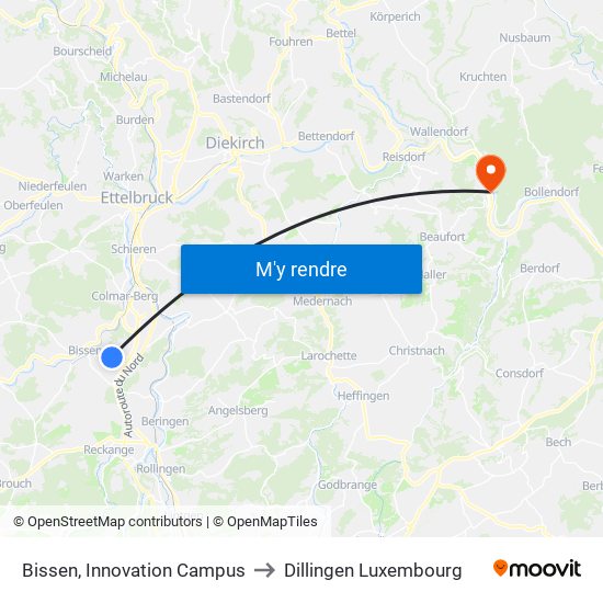 Bissen, Innovation Campus to Dillingen Luxembourg map