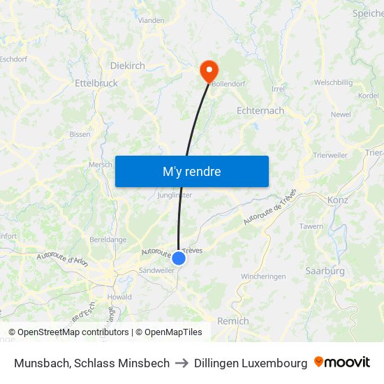 Munsbach, Schlass Minsbech to Dillingen Luxembourg map