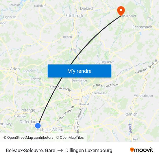 Belvaux-Soleuvre, Gare to Dillingen Luxembourg map