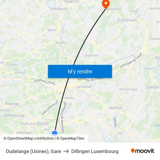 Dudelange (Usines), Gare to Dillingen Luxembourg map