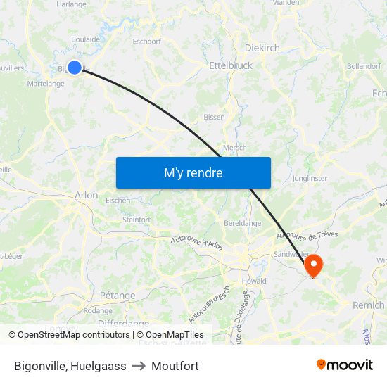 Bigonville, Huelgaass to Moutfort map