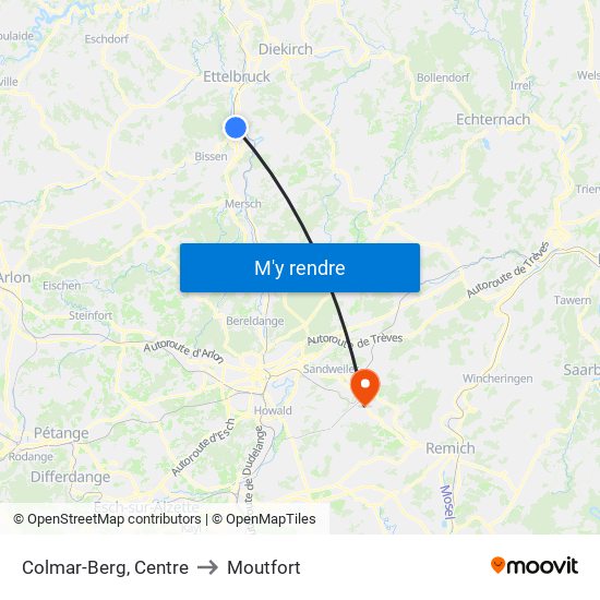 Colmar-Berg, Centre to Moutfort map