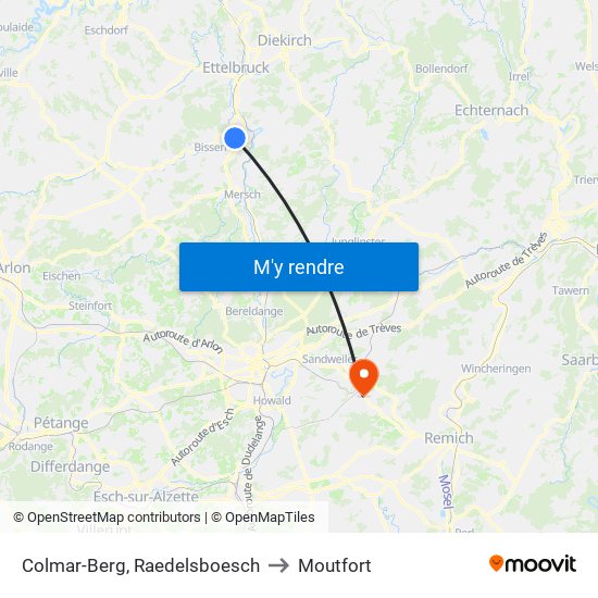 Colmar-Berg, Raedelsboesch to Moutfort map