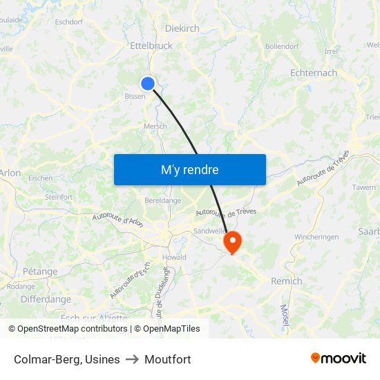 Colmar-Berg, Usines to Moutfort map