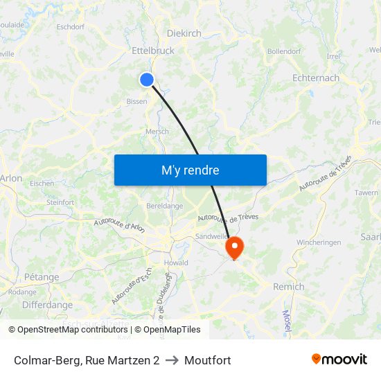 Colmar-Berg, Rue Martzen 2 to Moutfort map