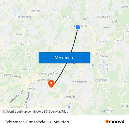 Echternach, Ermesinde to Moutfort map