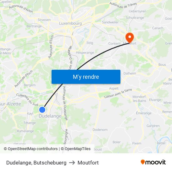 Dudelange, Butschebuerg to Moutfort map