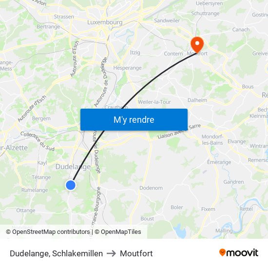 Dudelange, Schlakemillen to Moutfort map